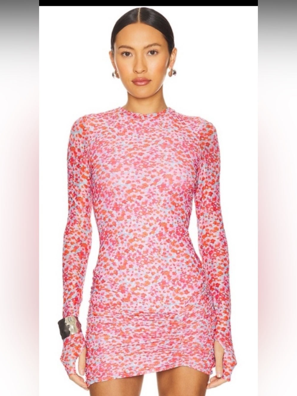AFRM Pink Floral Long-Sleeve Ruched Mini Dress
